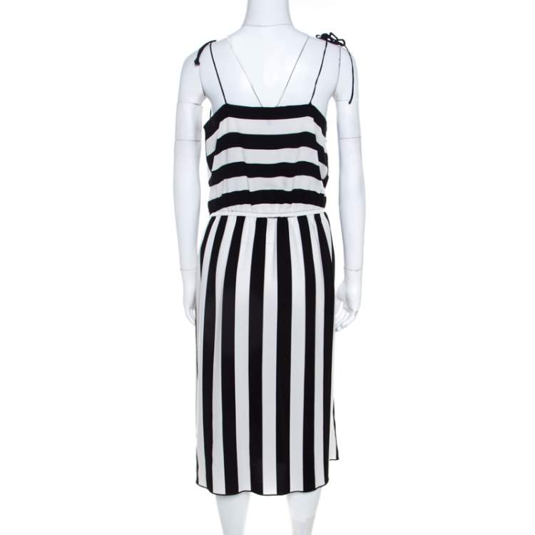 Pre Owned Marc Jacobs Monochrome Striped Crepe Faux Wrap Midi Dress M