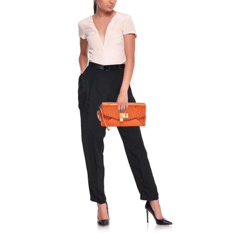 Pre Owned Marc Jacobs Orange Textured Leather Lock Flap Clutch