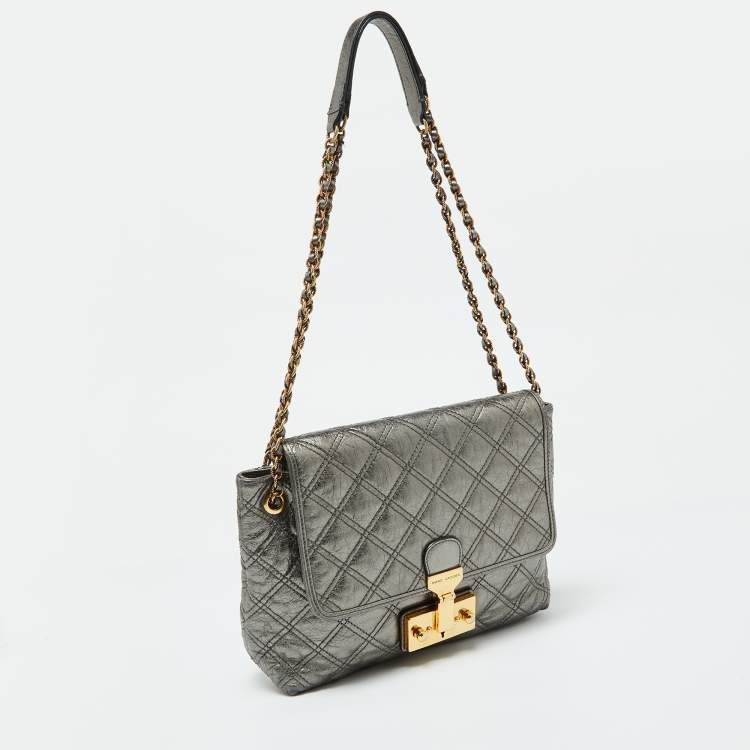 Pre Owned Marc Jacobs Metallic Quilted Leather Pushlock Flap Shoulder Bag