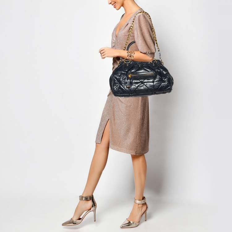 Pre Owned Marc Jacobs Navy Blue Quilted Leather Stam Satchel