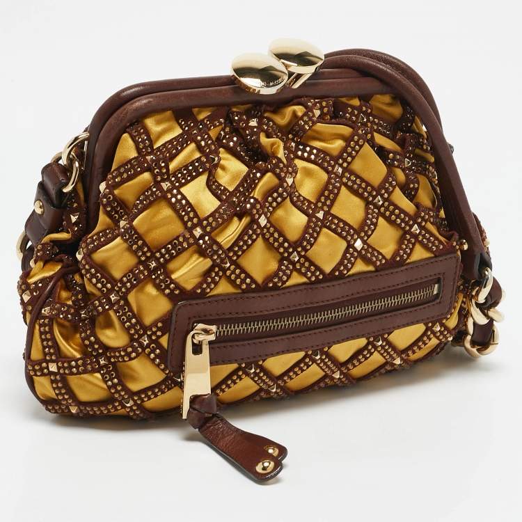Pre Owned Marc Jacobs Brown/Yellow Laser Cut Suede and Satin Crystal Stam Shoulder Bag
