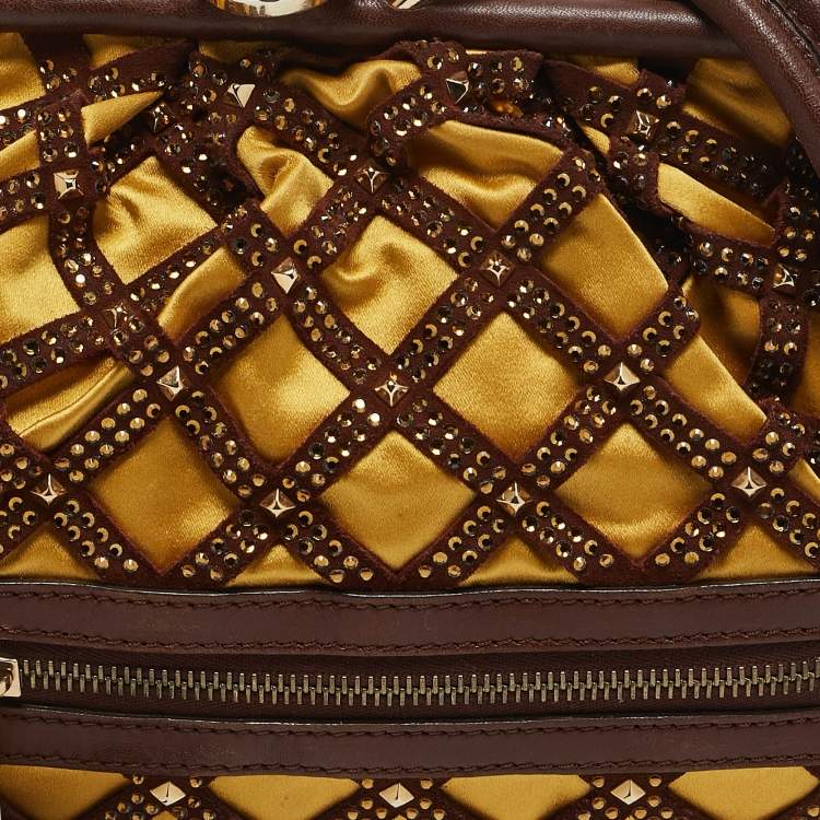 Pre Owned Marc Jacobs Brown/Yellow Laser Cut Suede and Satin Crystal Stam Shoulder Bag