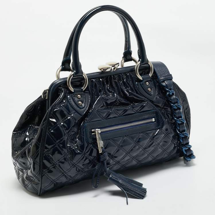 Pre Owned Marc Jacobs Navy Blue Quilted Patent Leather Stam Satchel