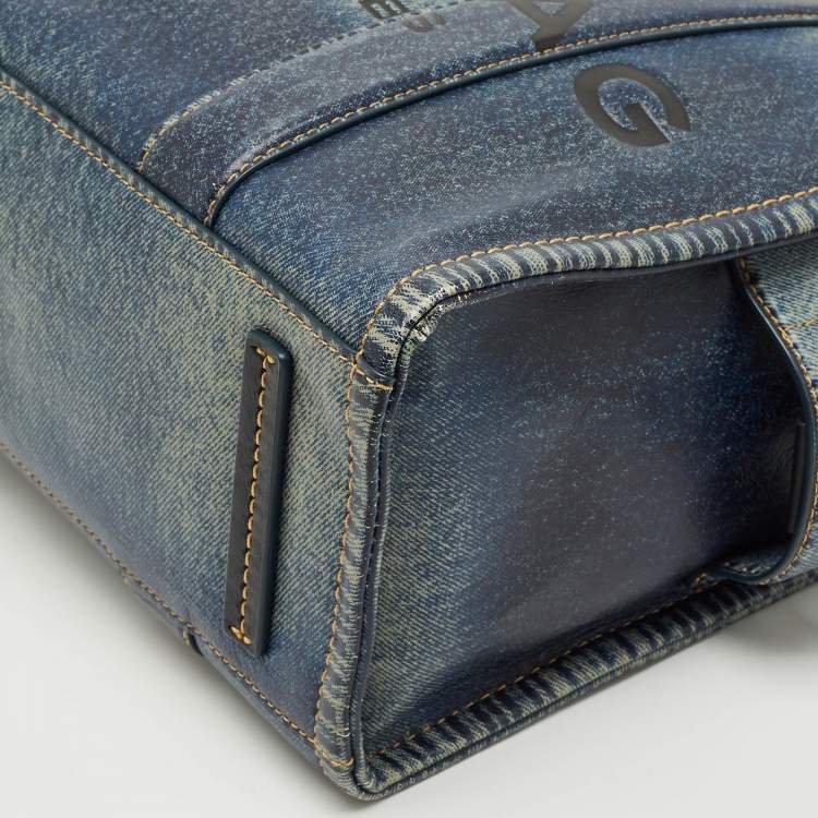 Pre Owned Marc Jacobs Navy Blue Denim Printed Leather Medium The Tote Bag