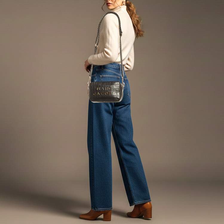 Pre Owned Marc Jacobs Black Flash Croc Embossed Leather Camera Crossbody Bag