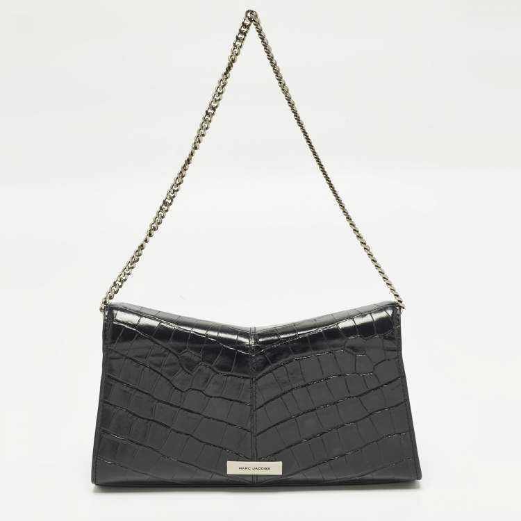 Pre Owned Marc Jacobs St. Marc Black Croc Embossed Leather Convertible Clutch