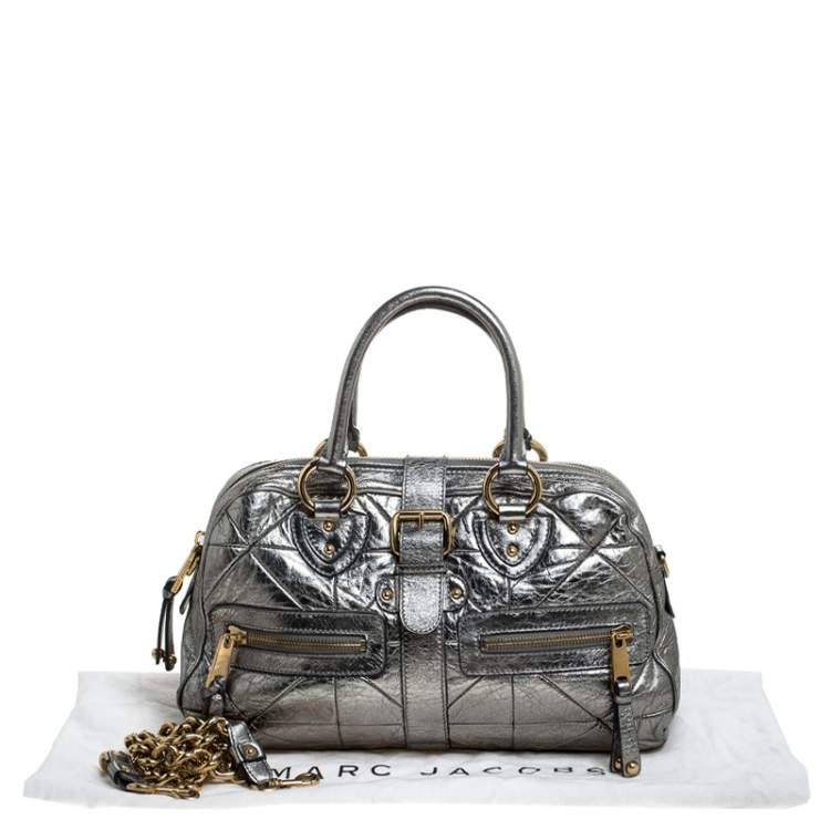 Pre Owned Marc Jacobs Grey Metallic Leather Double Zip Pocket Satchel
