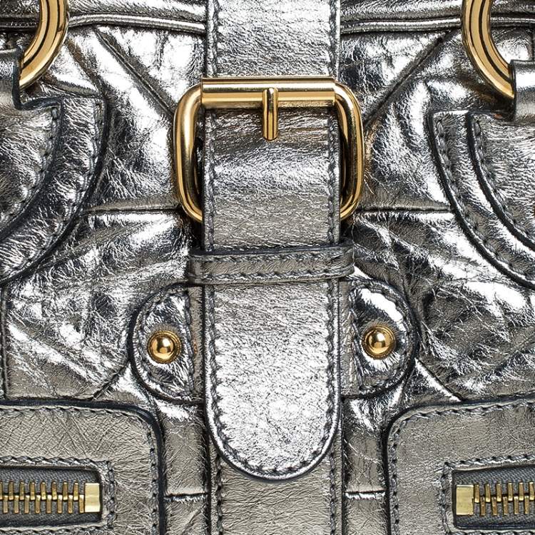 Pre Owned Marc Jacobs Grey Metallic Leather Double Zip Pocket Satchel