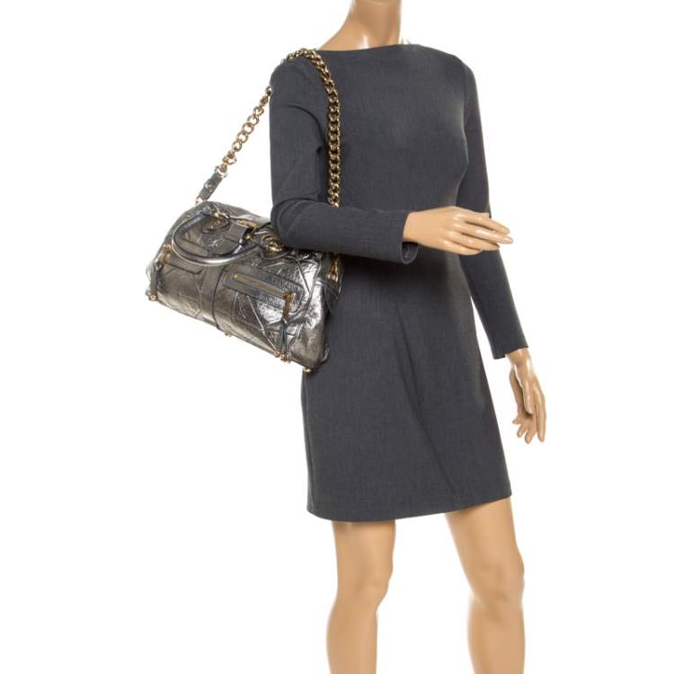 Pre Owned Marc Jacobs Grey Metallic Leather Double Zip Pocket Satchel