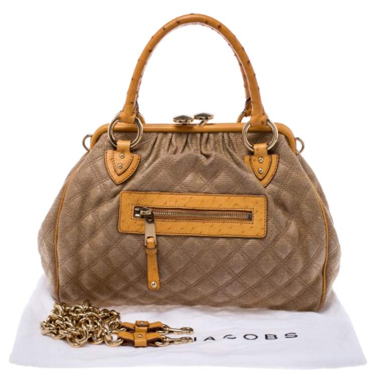 Pre Owned Marc Jacobs Light Brown/Mustard Quilted Coated Fabric and Ostrich Stam Satchel