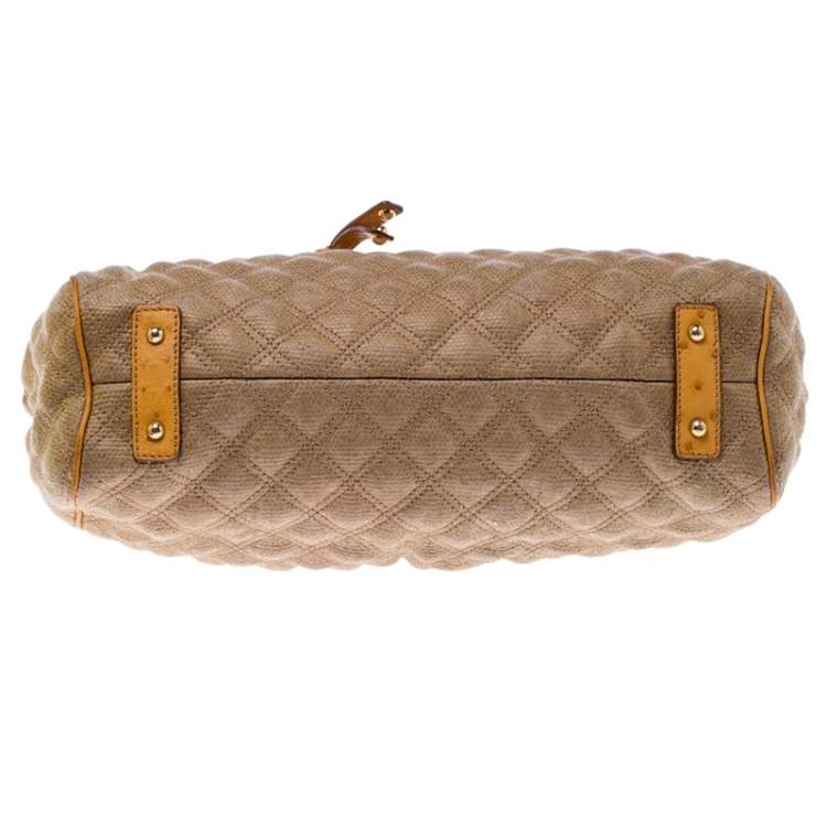 Pre Owned Marc Jacobs Light Brown/Mustard Quilted Coated Fabric and Ostrich Stam Satchel