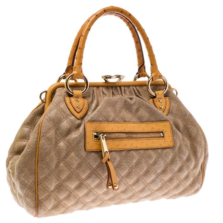 Pre Owned Marc Jacobs Light Brown/Mustard Quilted Coated Fabric and Ostrich Stam Satchel