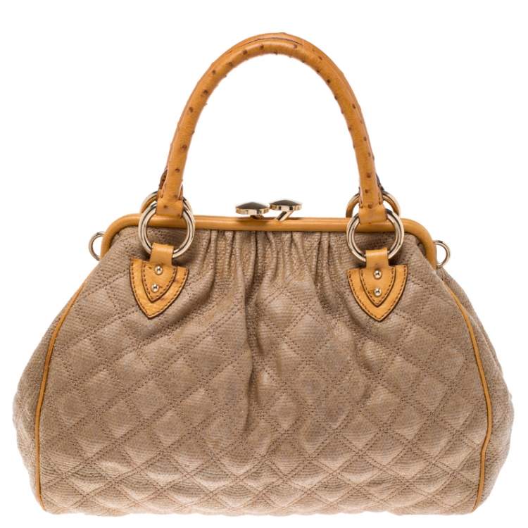 Pre Owned Marc Jacobs Light Brown/Mustard Quilted Coated Fabric and Ostrich Stam Satchel