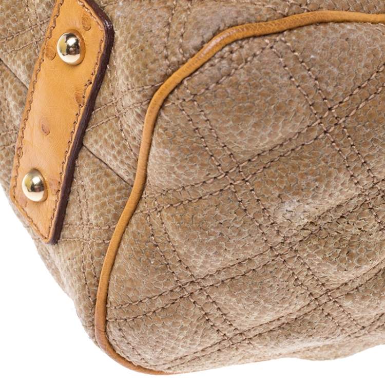 Pre Owned Marc Jacobs Light Brown/Mustard Quilted Coated Fabric and Ostrich Stam Satchel