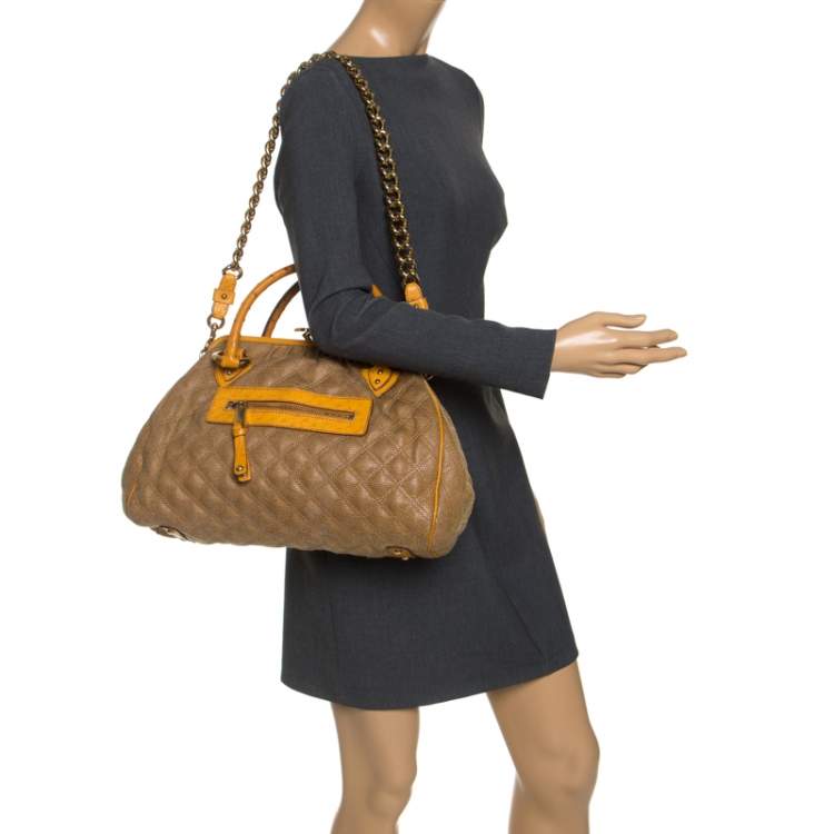 Pre Owned Marc Jacobs Light Brown/Mustard Quilted Coated Fabric and Ostrich Stam Satchel