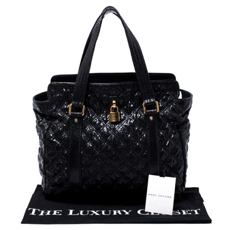 Pre Owned Marc Jacobs Black Quilted Snakeskin Embossed Coated Canvas Tote