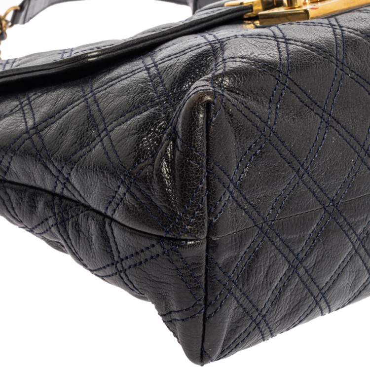 Pre Owned Marc Jacobs Navy Blue Quilted Leather Pushlock Flap Shoulder Bag