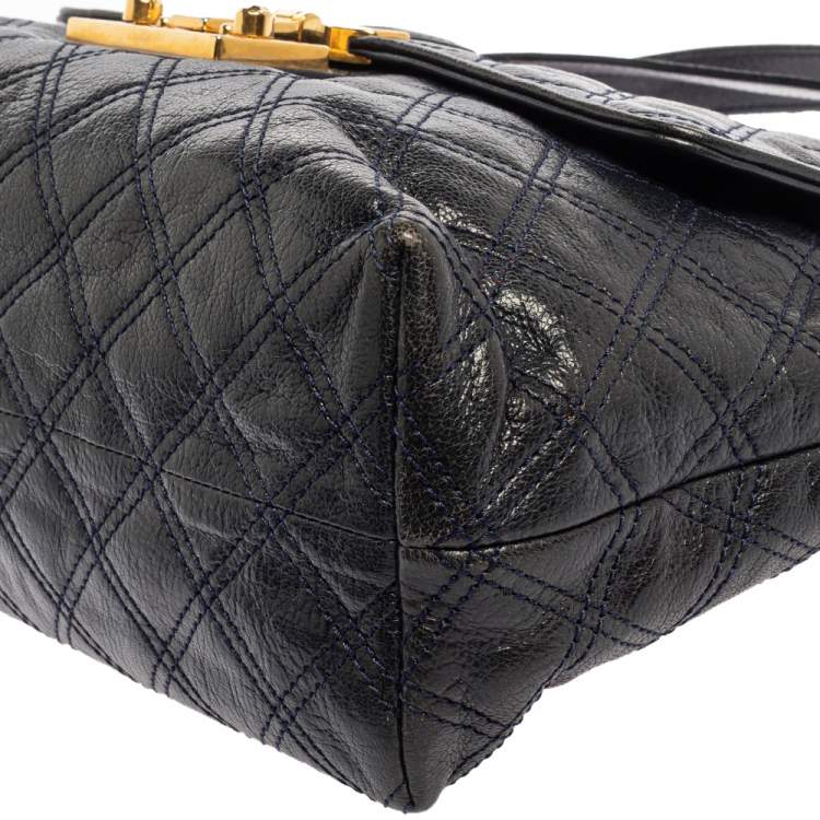 Pre Owned Marc Jacobs Navy Blue Quilted Leather Pushlock Flap Shoulder Bag