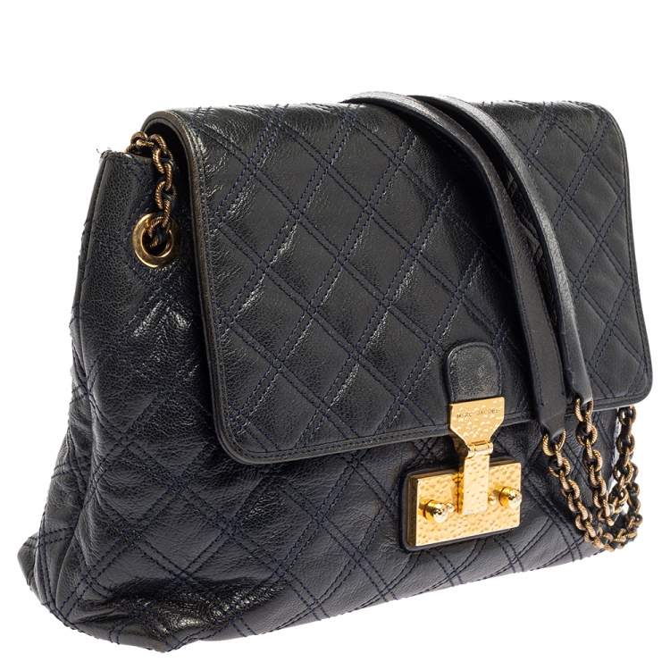 Pre Owned Marc Jacobs Navy Blue Quilted Leather Pushlock Flap Shoulder Bag