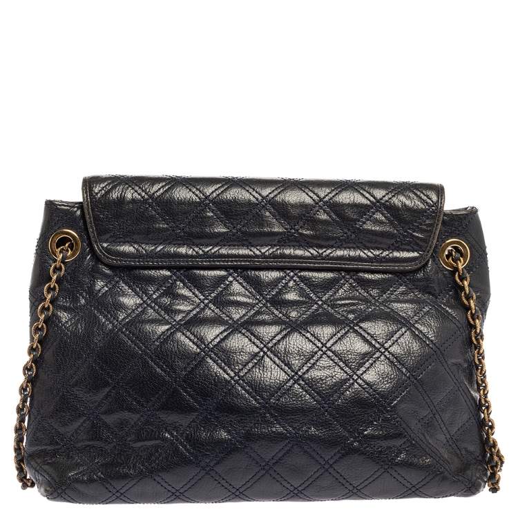 Pre Owned Marc Jacobs Navy Blue Quilted Leather Pushlock Flap Shoulder Bag