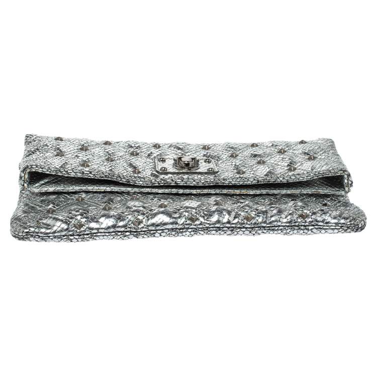 Pre Owned Marc Jacobs Silver Snake Effec Leather Foldover Clutch