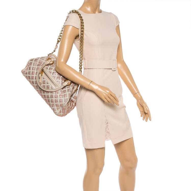 Pre Owned Marc Jacobs Ivory Crystal Embellished Suede and Leather Stam Satchel