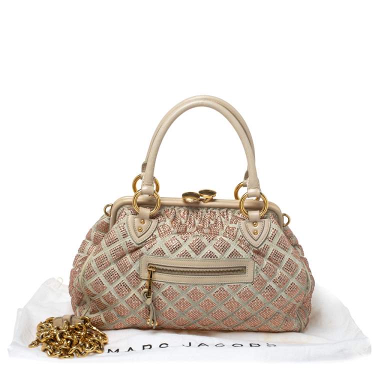 Pre Owned Marc Jacobs Ivory Crystal Embellished Suede and Leather Stam Satchel