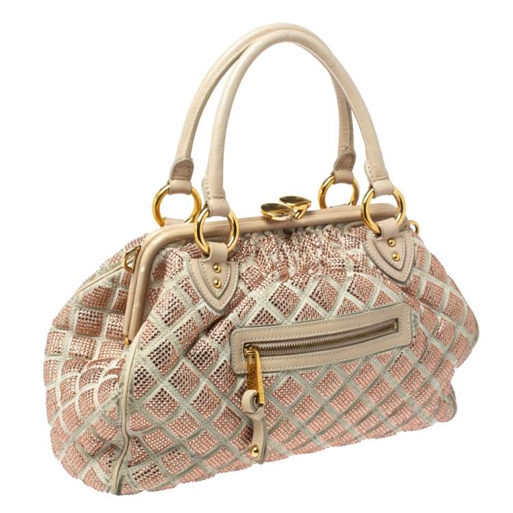 Pre Owned Marc Jacobs Ivory Crystal Embellished Suede and Leather Stam Satchel