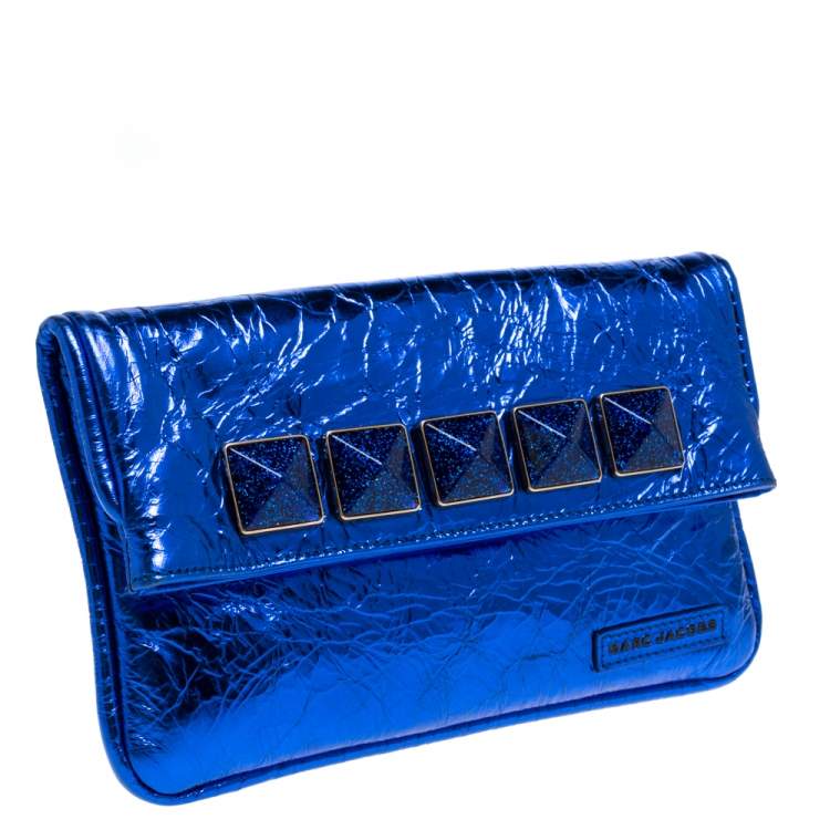 Pre Owned Marc Jacobs Metallic Blue Crinkled Patent Leather Fergie Clutch