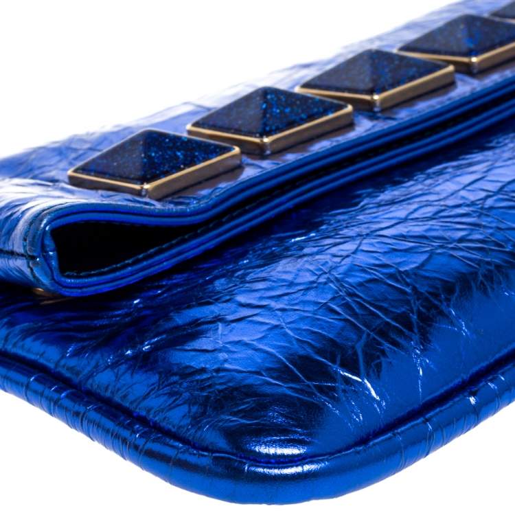 Pre Owned Marc Jacobs Metallic Blue Crinkled Patent Leather Fergie Clutch