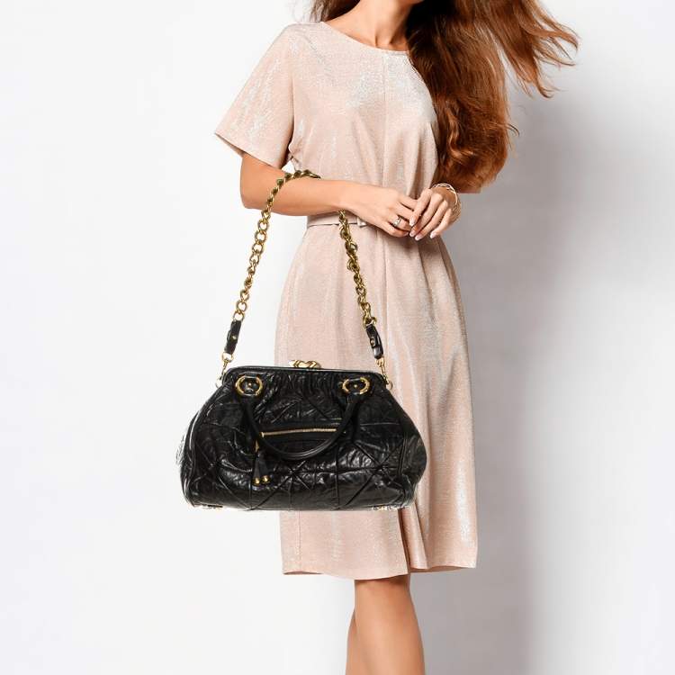 Pre Owned Marc Jacobs Black Crinkled Leather Stam Satchel
