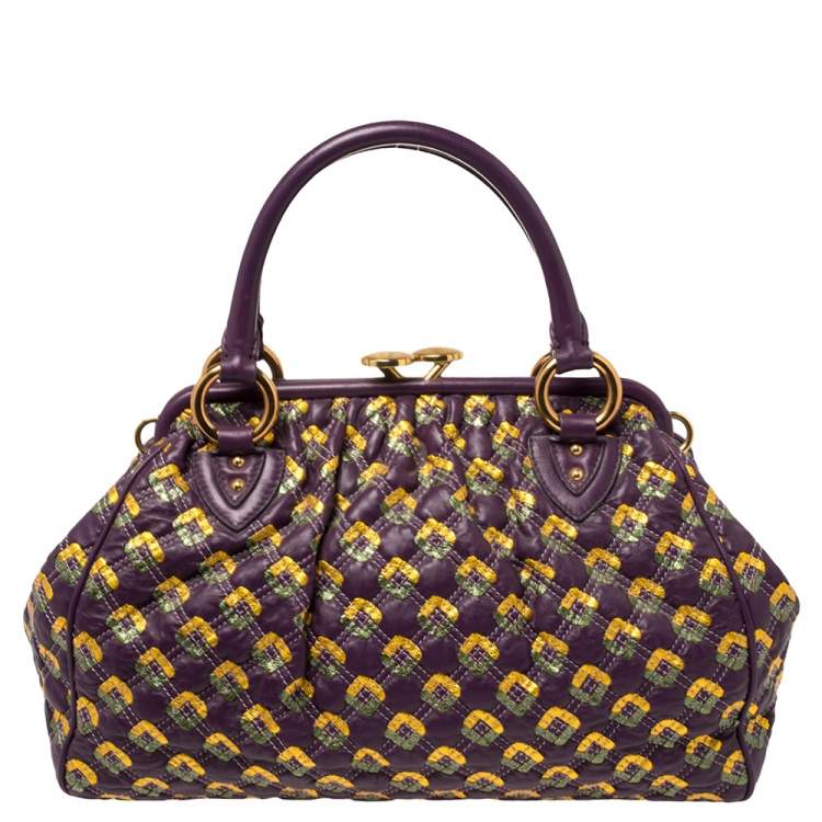 Pre Owned Marc Jacobs Purple/Gold Quilted Print Leather Stam Satchel