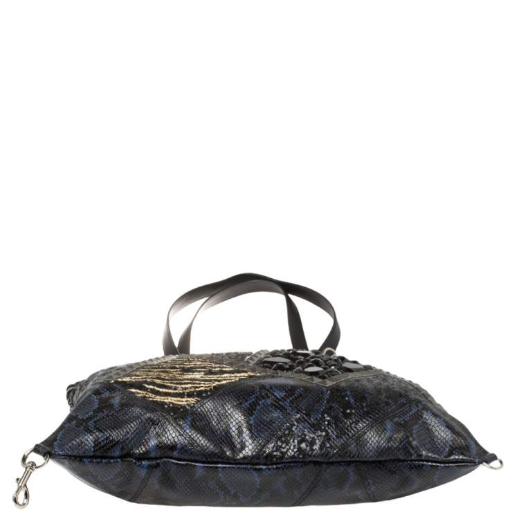 Pre Owned Marc Jacobs Blue/Black Python Embossed Leather Embellished Wingman Tote 