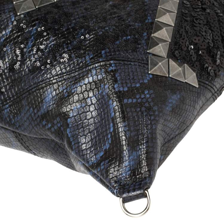 Pre Owned Marc Jacobs Blue/Black Python Embossed Leather Embellished Wingman Tote 