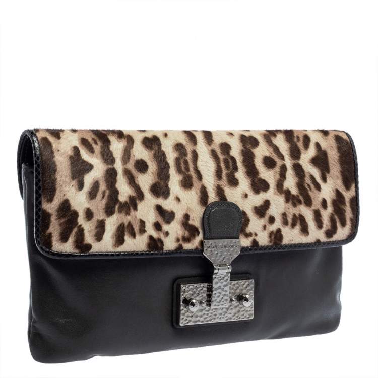 Pre Owned Marc Jacobs Grey/Brown Leopard Print Calfhair and Leather Safari Vip Clutch