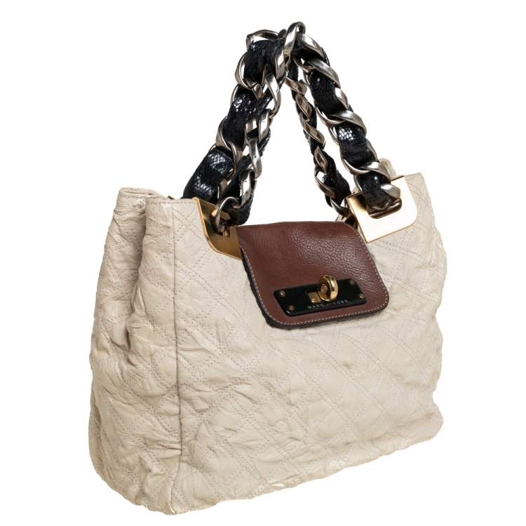 Pre Owned Marc Jacobs Cream/Brown Quilted Shimmer Leather Turnlock Flap Shoulder Bag