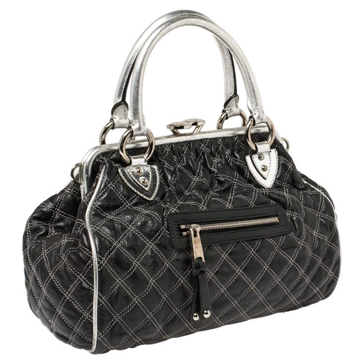Pre Owned Marc Jacobs Black/Silver Quilted Leather Stam Satchel