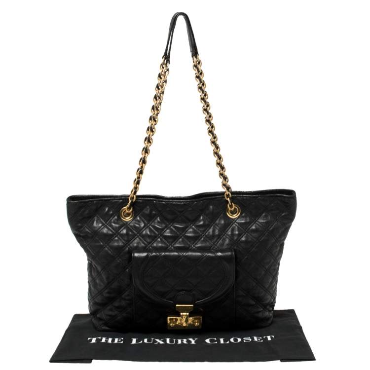 Pre Owned Marc Jacobs Black Leather Quilted Chain Tote