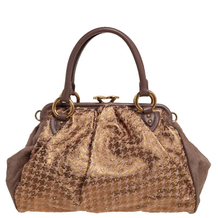 Pre Owned Marc Jacobs Brown/Gold Houndstooth Print Leather and Calfhair Stam Satchel
