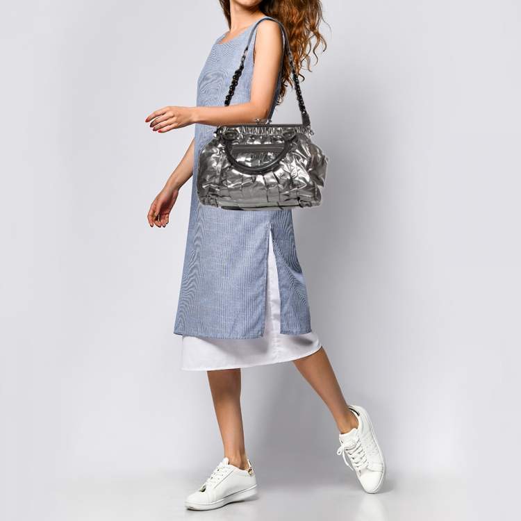 Pre Owned Marc Jacobs Metallic Grey Leather Stam Satchel