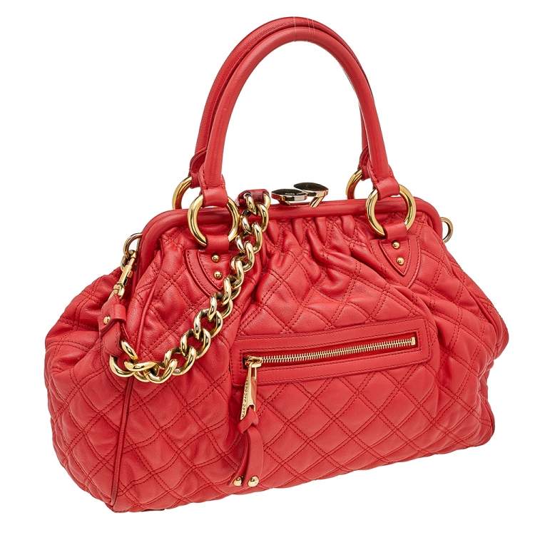 Pre Owned Marc Jacobs Bright Orange Quilted Leather Stam Satchel