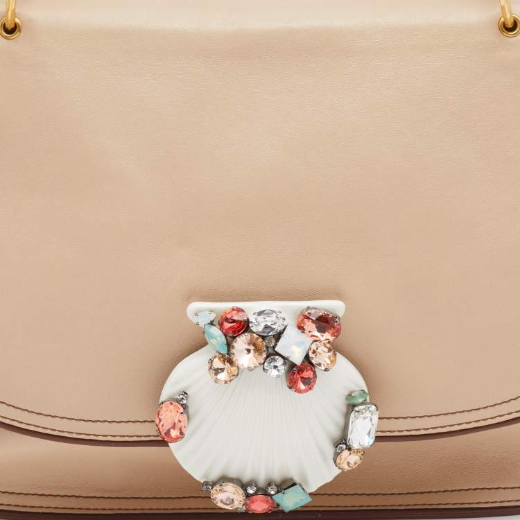 Pre Owned Marc Jacobs Beige Leather Crystal Embellished Flap Top Handle Bag