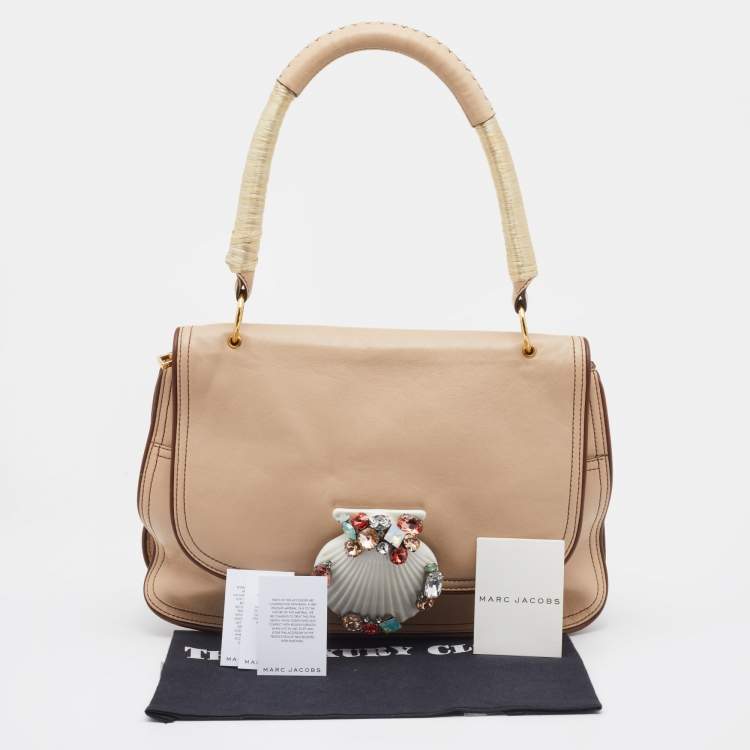 Pre Owned Marc Jacobs Beige Leather Crystal Embellished Flap Top Handle Bag