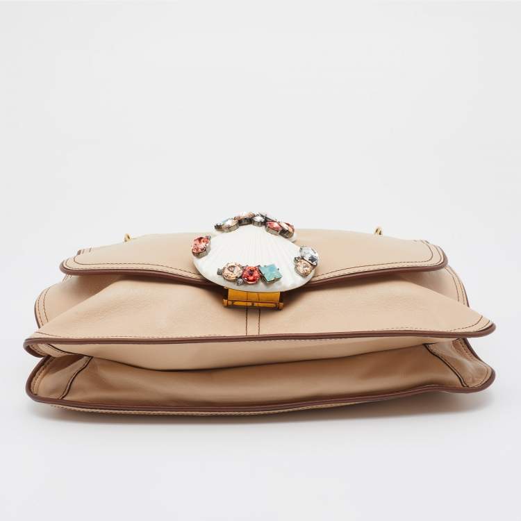 Pre Owned Marc Jacobs Beige Leather Crystal Embellished Flap Top Handle Bag