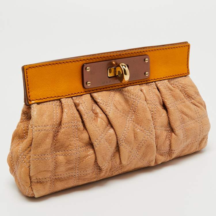 Pre Owned Marc Jacobs Beige/Yellow Quilted Leather Turnlock Clutch