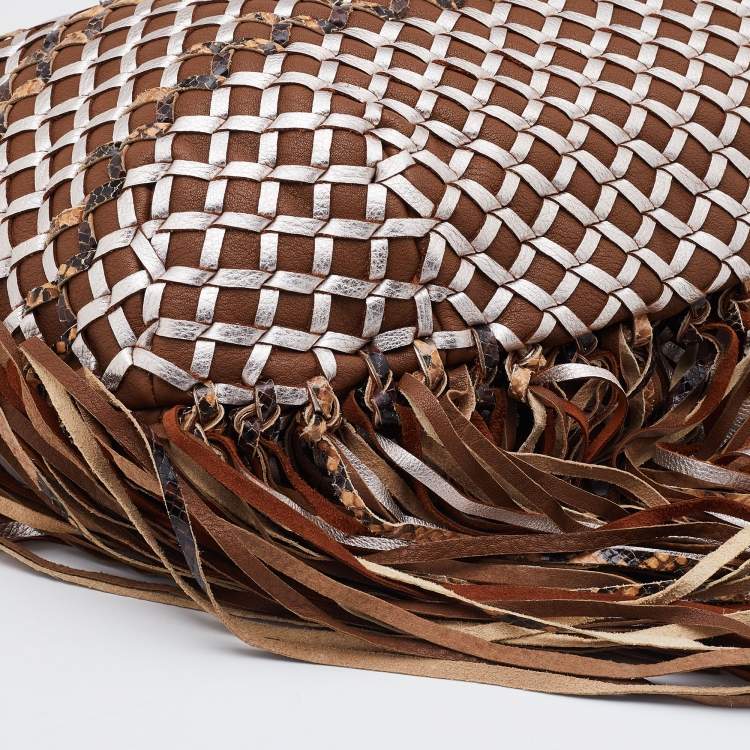 Pre Owned Marc Jacobs Brown/Metallic Woven Leather and Snakeskin Embossed Leather Fringe Hobo