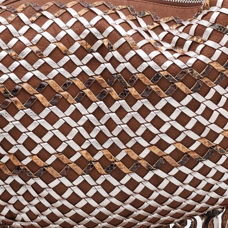 Pre Owned Marc Jacobs Brown/Metallic Woven Leather and Snakeskin Embossed Leather Fringe Hobo