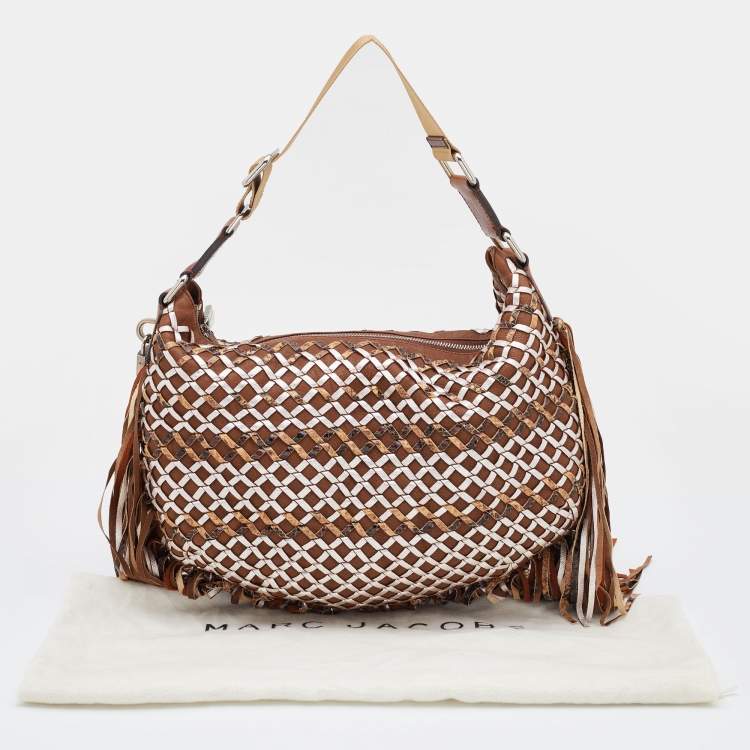 Pre Owned Marc Jacobs Brown/Metallic Woven Leather and Snakeskin Embossed Leather Fringe Hobo