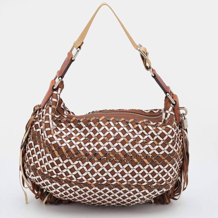 Pre Owned Marc Jacobs Brown/Metallic Woven Leather and Snakeskin Embossed Leather Fringe Hobo