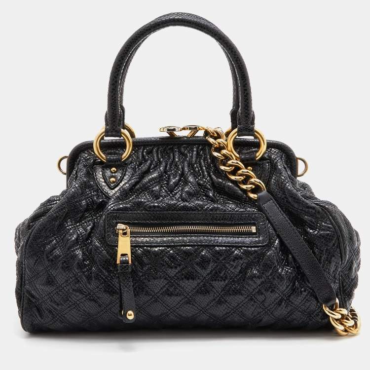 Pre Owned Marc Jacobs Black Snakeskin Embossed Leather Stam Satchel